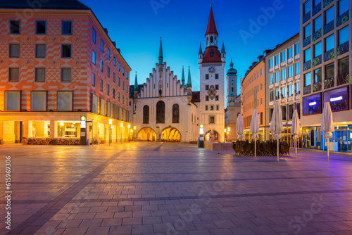 Cityscape image of Marien Square in Munich, Germany during twilight blue hour.