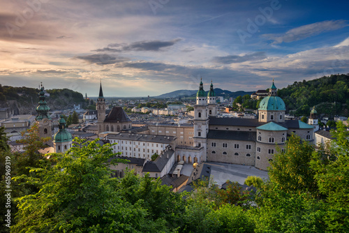 Cityscape image of the Salzburg, Austria with Salzburg Cathedral during spring sunset.
