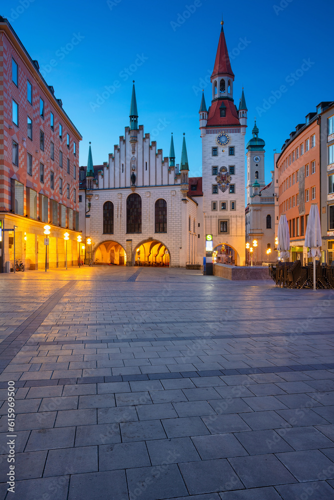 Cityscape image of Marien Square in Munich, Germany during twilight blue hour.