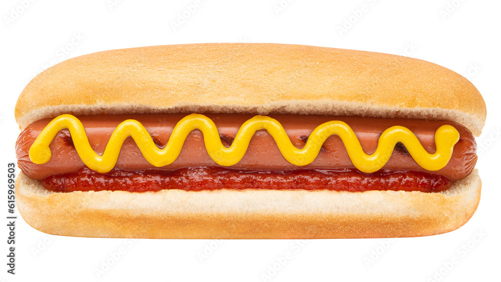 Hot Dog. Classic Hot Dog bun with pork or beef sausage, wiener or frankfurter and mustard, ketchup. Traditional American US or USA fast food. Grilled Hot Dog on July 4th Independence Day United States Hot Dog. Classic Hot Dog bun with pork or beef sausage, wiener or frankfurter and mustard, ketchup. Traditional American US or USA fast food. Grilled Hot Dog on July 4th Independence Day United States