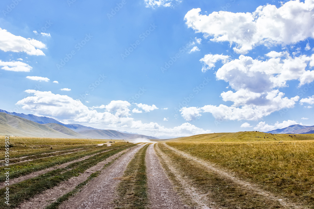 A dirt dust road leading to the mountains in the far horizon. Cloudy sky and a car raising dust cloud in the far end