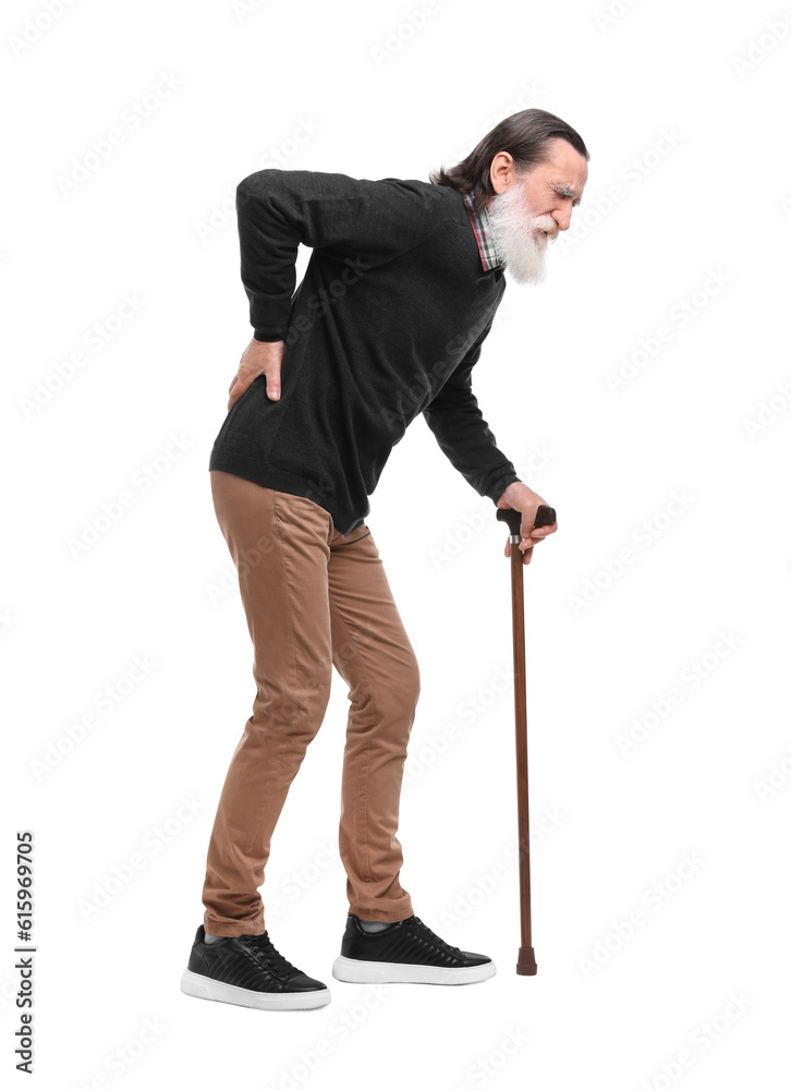 Senior man with walking cane suffering from back pain on white background Senior man with walking cane suffering from back pain on white background