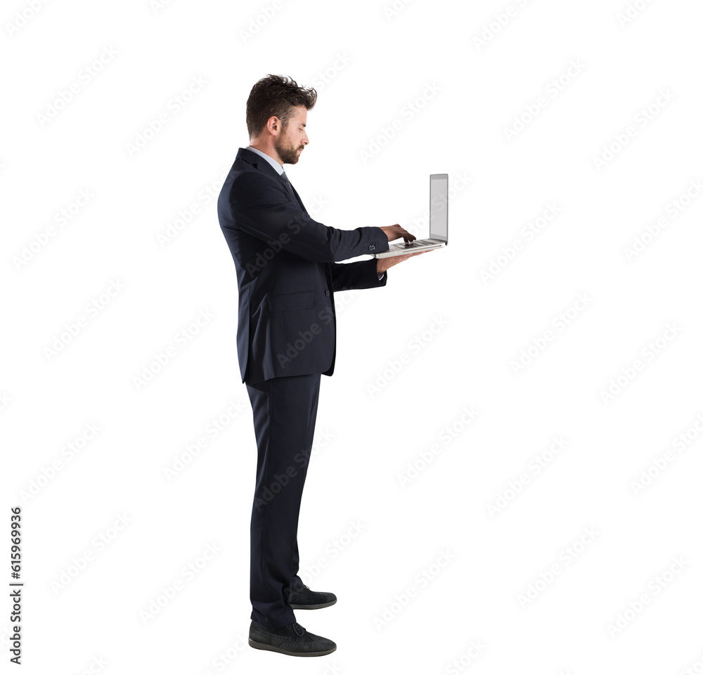 Businessman works connected on internet network with his laptop. Isolated on white background Businessman works connected on internet network with his laptop. Isolated on white background