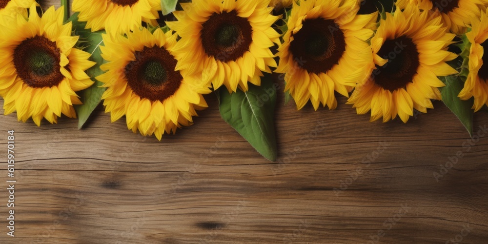 top view photo realistic arranged small sunflowers on wooden table made with Generative AI made with Generative AI top view photo realistic arranged small sunflowers on wooden table made with Generative AI made with Generative AI