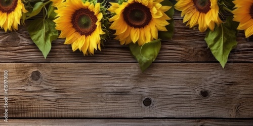 top view photo realistic arranged small sunflowers on wooden table made with Generative AI made with Generative AI