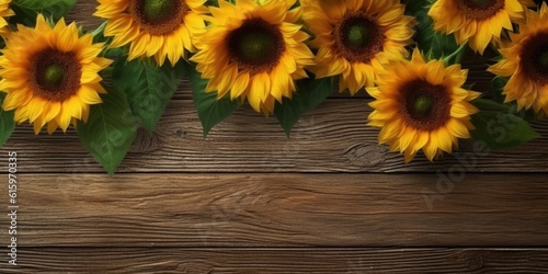 top view photo realistic arranged small sunflowers on wooden table made with Generative AI