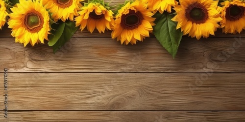 top view photo realistic arranged small sunflowers on wooden table made with Generative AI made with Generative AI