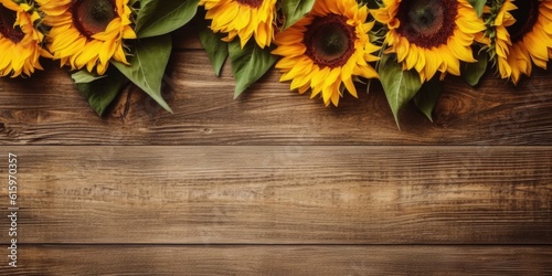 top view photo realistic arranged small sunflowers on wooden table made with Generative AI made with Generative AI