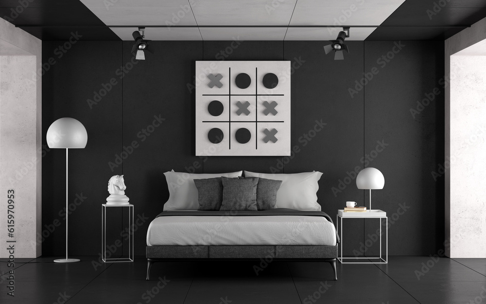 Fototapeta premium Black and white master bedroom with minimalist furniture and concrete walls - 3d rendering