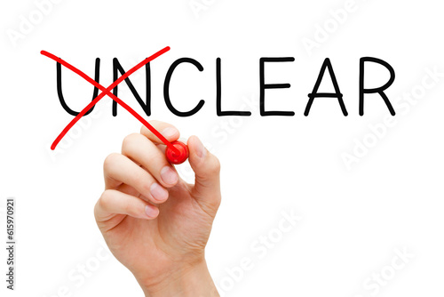 Hand changing the word Unclear into Clear with red marker isolated on white.