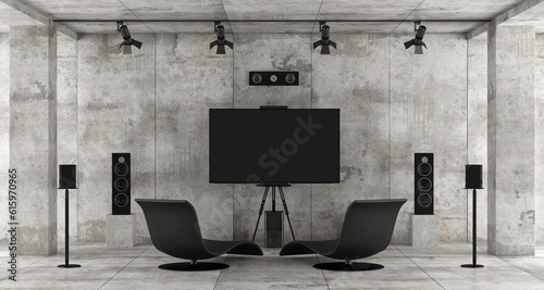 Εκτύπωση καμβά Home cinema system in a concrete room with tv, sound equipment and two chaise lo