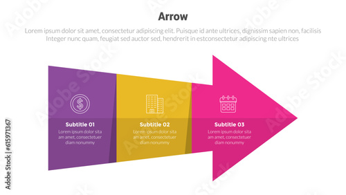 arrow or arrows stage infographics template diagram with big arrow shape and right direction and 3 point step creative design for slide presentation