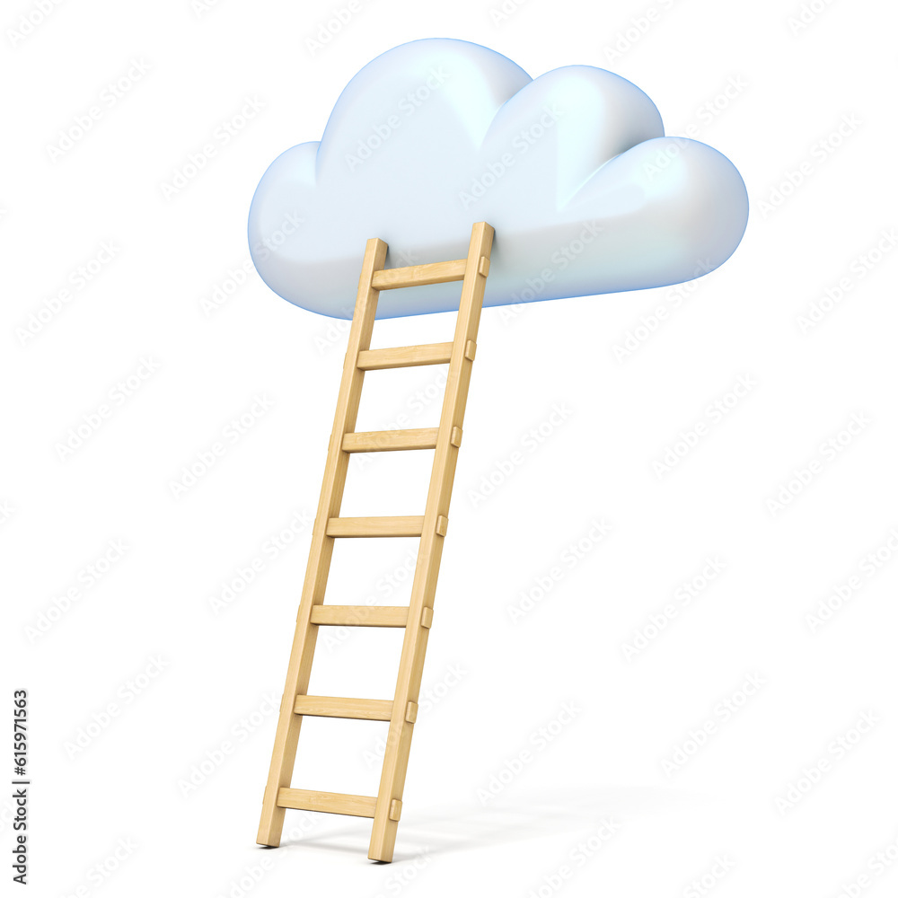 Cloud shape and ladder 3D rendering illustration isolated on white background Cloud shape and ladder 3D rendering illustration isolated on white background