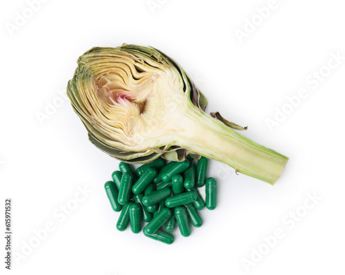 Fresh artichoke and pills isolated on white, top view