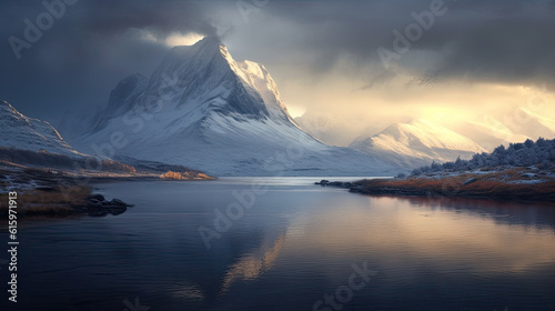  tranquil lake surrounded by towering snow-capped mountains landscape
