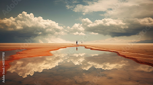 salt flat mirage reflection of man and sky landscape photo