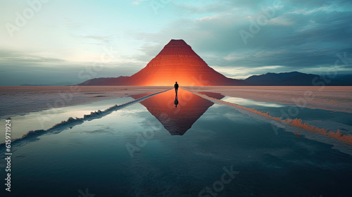 Flat Mirage with man in the middle of mountain reflection landscape