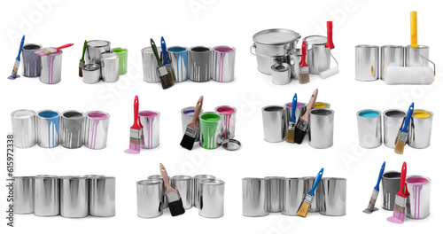 Paints of different colors in cans, brushes and rollers isolated on white, collage design