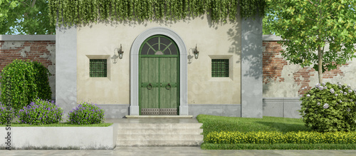 Small country house with wooden front door and gatden with lush vegatation - 3d rendering photo