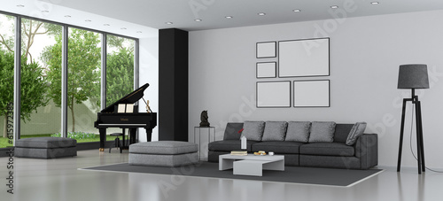 Living room of a modern villa with sofa and grand piano - 3d rendering