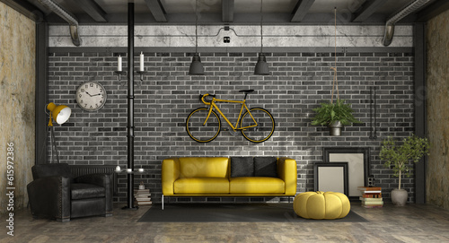 Fototapeta Naklejka Na Ścianę i Meble -  Modern living room in a loft with sofa,armchair and bicycle hanged on brick wall - 3d rendering