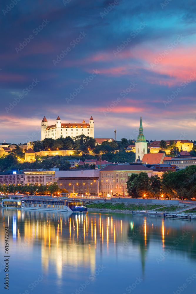 Cityscape image of Bratislava, capital city of Slovakia during twilight blue hour.