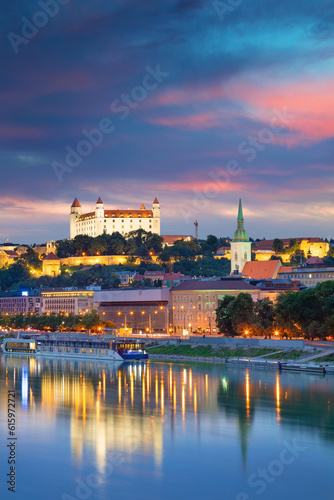 Cityscape image of Bratislava, capital city of Slovakia during twilight blue hour.
