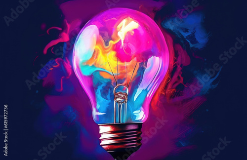 Creative light bulb explodes with colorful paint and splashes on a black background. Think differently creative idea concept