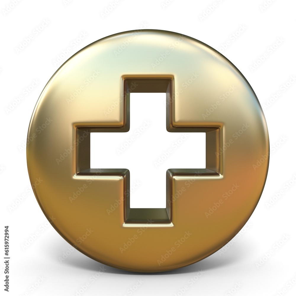 Symbol plus golden sign 3D rendering illustration isolated on white background Symbol plus golden sign 3D rendering illustration isolated on white background