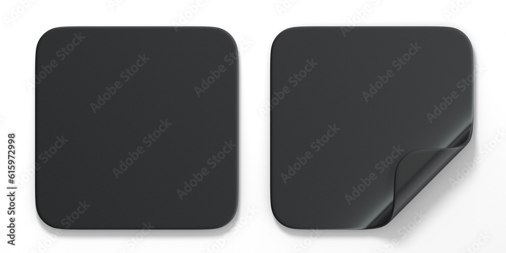 Blank black square stickers with curved corner 3D render illustration isolated on white background Blank black square stickers with curved corner 3D render illustration isolated on white background