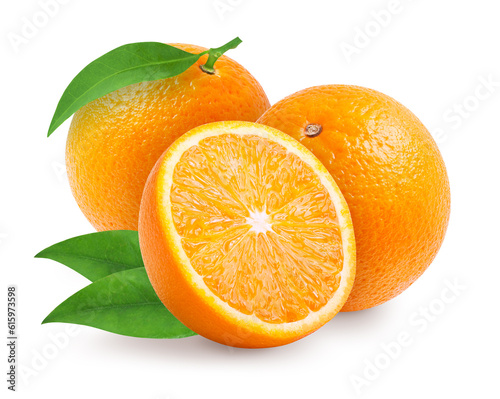 Orange fruit with leaves isolated on white background. Clipping path included.