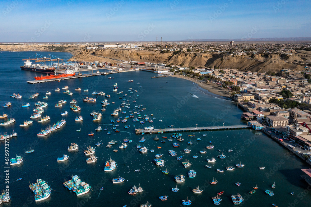 AERIAL VIEW OF PAITA BAY WHERE YOU CAN SEE THE SECOND MOST IMPORTANT PORT OF PERU, LOCATED IN PIURA