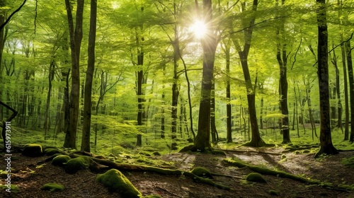 Beech forest panorama landscape in spring