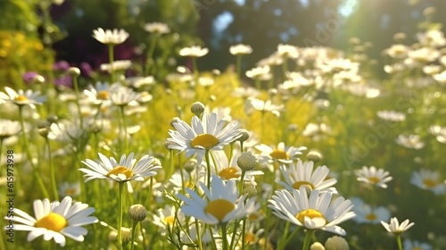Chamomile flowers in the garden blooming spring landscape