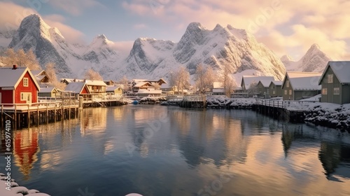 Sakrisoy village surrounded by mountains and crystal sea, Reine, Nordland,