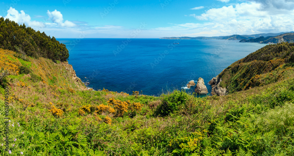 Atlantic ocean summer coastline landscape (Galicia, Spain). Two shots stitch panorama.