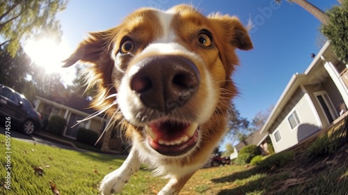 pov of a cute happy dog runs trowards you, sniffs and watches the camera. Generative AI photo