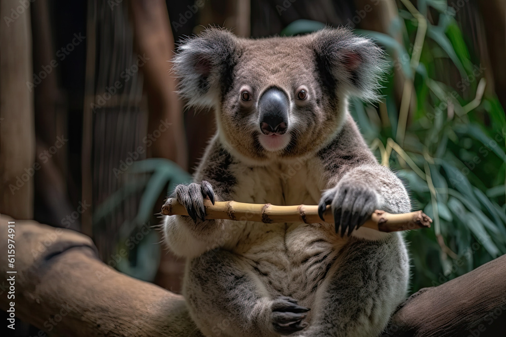Fototapeta premium a koalai bear playing with a wooden stick in its habitat at the san zoo, san, california