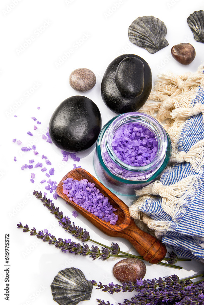 Spa still life with black stone and lavender salt isolated on white background Spa still life with black stone and lavender salt isolated on white background