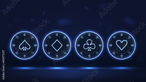 Neon blue casino chips with suits: spades, hearts, diamonds and crosses on a dark background.