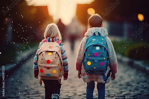 Illustration of kids carrying schoolbags, back to school, first day at school, dotted backpacks, Generative AI