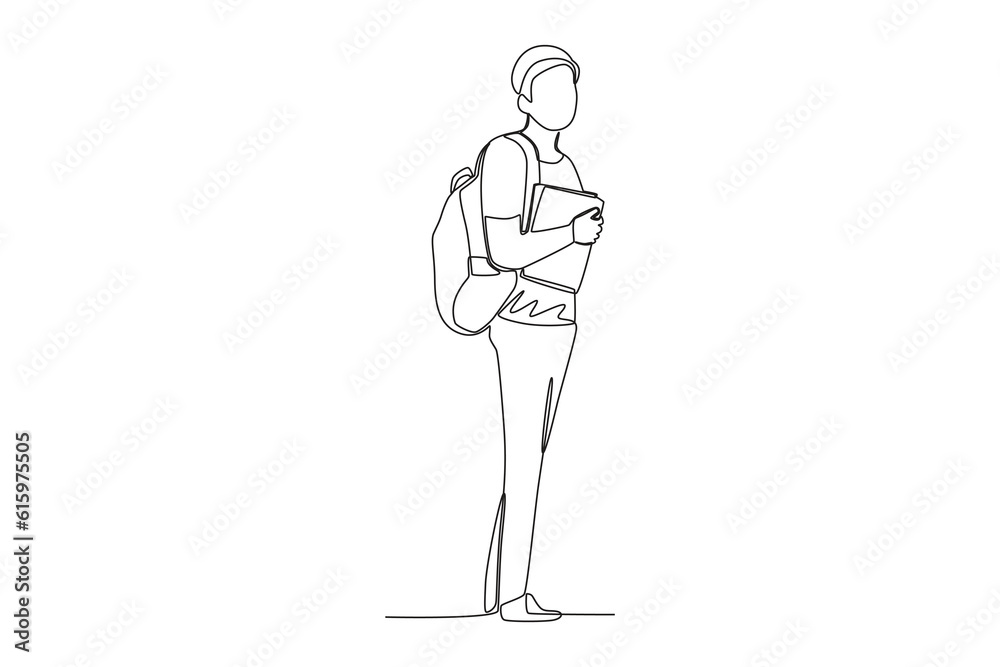 A man brings a book to school. Back to school one-line drawing