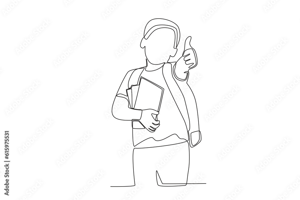 A boy holds a book and gives an okay pose. Back to school one-line drawing A boy holds a book and gives an okay pose. Back to school one-line drawing