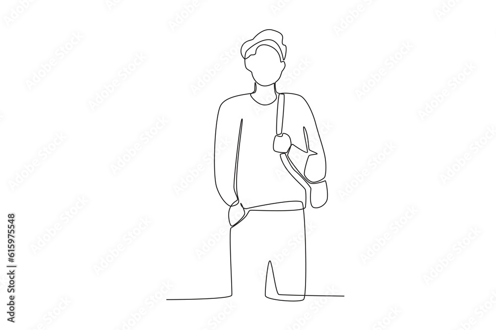 A man carries a bag and one hand in his pocket. Back to school one-line drawing
