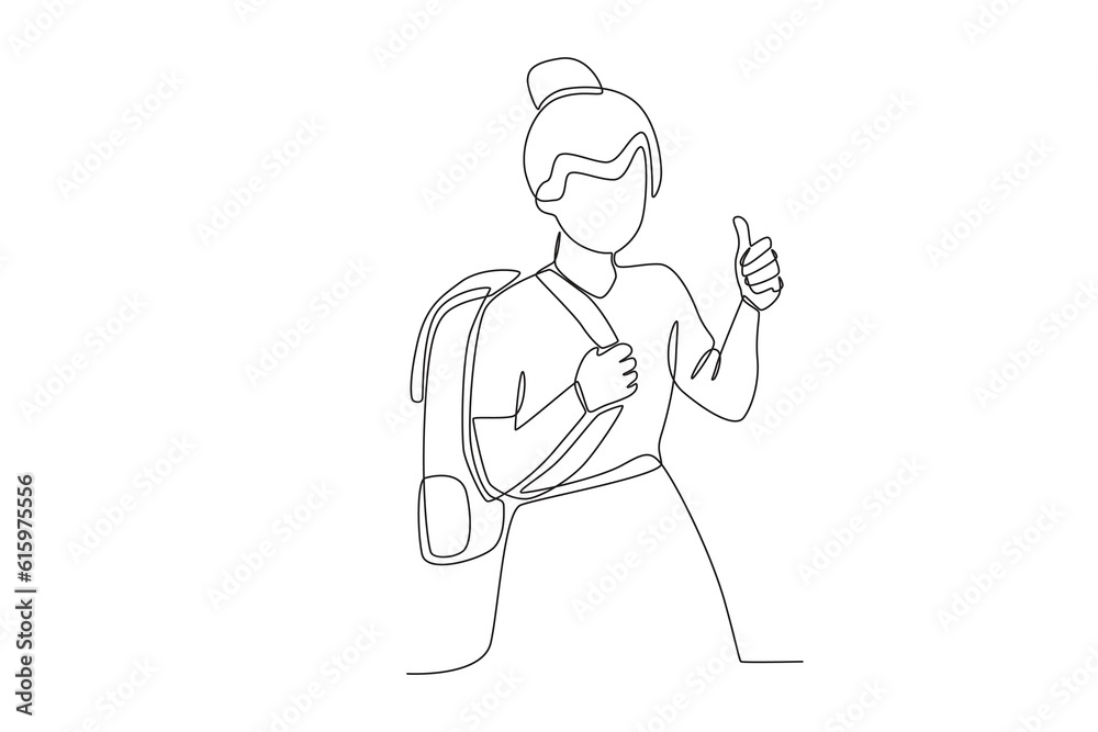 A woman gave a thumbs up to the school. Back to school one-line drawing