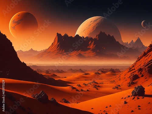 Mars surface is a scene from a distant planet. Backdrop for a space game with an orange ground  mountains  stars  Saturn  and Earth in the distance. Generative AI