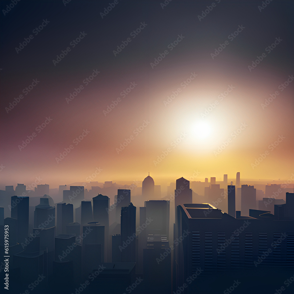 sunset over city with pollution