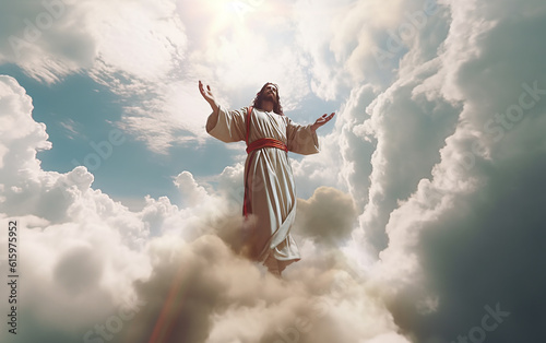 Jesus Christ. Jesus Christ descends from above, reaching out his hands. Generative AI 