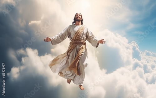 Jesus Christ.With his arms extended, Jesus Christ descends from the heavens. Generative AI 