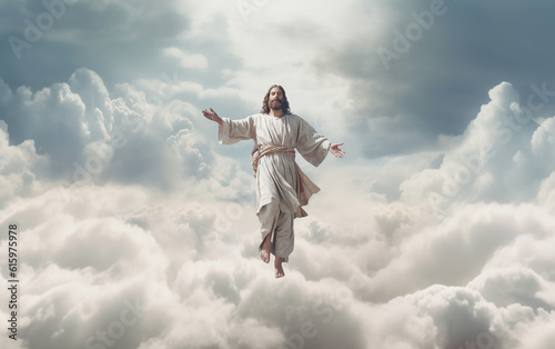 Jesus Christ. From the sky above, Jesus Christ comes down with his arms extended. Generative AI 